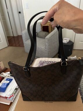 Coach Brown Signature Canvas Tote with Black Leather Handles